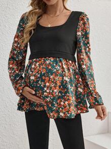 SHEIN Autumn Maternity Patchwork Print Lantern Sleeve Shirt - Multicolor - View 3