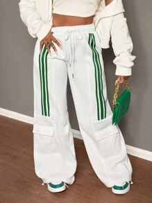 Slaydiva Women's Casual Drawstring Waist Color Block Pockets Wide Leg Pants, Winter