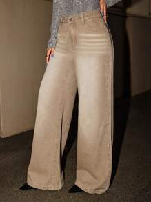 Forever 21 Women Contrast Color Pocket Casual Straight Leg Jeans - Khaki - View 2