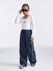 SHEIN Tween-Mädchen Frühling/Sommer Farbblock Kordelzug Taille Weites Bein Lockere Lässig hose