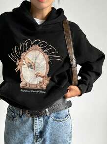 DAZY Women's Patterned Oversized Print Loose Fleece Hoodie Sweatshirt,Winter - Black - View 6