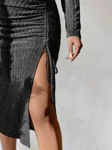 Celure 1 pieza Vestido ajustado de manga larga con hombros abiertos asimétricos y cintura con cordón para mujer de talla grande