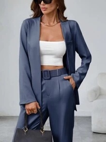 SHEIN Clasi 女士纯色长袖西装外套和口袋配腰带长袖长裤优雅套装 - 藏蓝色 - 查看 5