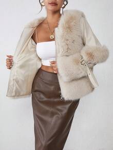 SHEIN Essnce Women Fashion Fuzzy Patchwork Fluffy Jacket For Autumn/Winter Warm Heated Thermal Jacket Cold Weather Snow Women Outfits Holiday - Apricot - View 3