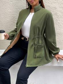 SHEIN Essnce 大码女装秋冬时尚休闲宽松大码保暖绿色腰长袖高领中长外套，冬季女装，曲线装，高领女式夹克，感恩节 - 卡其色 - 查看 4