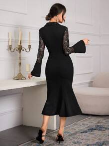 Modelyn Đầm dạ hội dài tay loe midi chữ A lưới sequin thanh lịch mùa thu cho nữ - màu đen - Xem 2