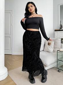 SHEIN EZwear 1 pièce Jupe évasée à motif en maille floquée doublée pour femme grande taille, noire, pour l'été