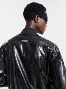 Manfinity VCAY Men Street Fashion Black Faux Leather Zip-Up Long Sleeve Jacket, For Fall Winter - Black - View 5