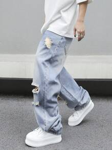 Manfinity EMRG Plus Size Men Distressed Pocket Loose Wide-Leg Casual Jeans - Light Wash - View 7