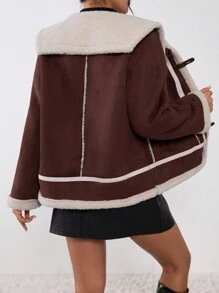 Muchica Áo khoác rộng tay dài cổ lông màu trơn Unity Ladies Thermal Lined Colorblock, hàng khuy đơn, áo khoác giữ nhiệt ấm áp mùa thu/đông thời tiết lạnh tuyết dành cho nữ trang phục ngày lễ - Màu Đỏ Sâu - Xem 2