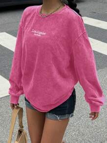 Muchica 1pc Women Retro Acid-Washed Embroidered Long Sleeve Round Neck Knitted Sweatshirt - Hot Pink - View 4