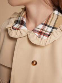 PrepCrw Young Girls' English Style Plaid Patchwork Lapel Double-Breasted Long Trench Coat, Waist-Cinched, Brown Color For Back To School, Autumn/Winter - Khaki - View 9