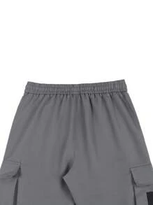 Manfinity Homme 宽松男士翻盖口袋抽绳腰工装裤，秋季适用 - 深灰色 - 查看 4