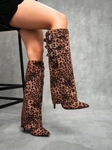 CUCCOO SZL 女士尖头细高跟豹纹中筒靴和踝靴，适合圣诞节、新年、休闲秋冬装搭配、夜间派对装扮