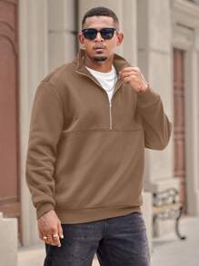 Manfinity Homme Plus Size Men's Solid Color Front Zip Up Relaxed Fit Sweatshirt, Casual - Khaki - View 7