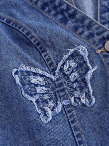 SHEIN MOD 女士休闲蝴蝶刺绣毛边单排扣牛仔背心夹克 - 藍色 - 查看 3