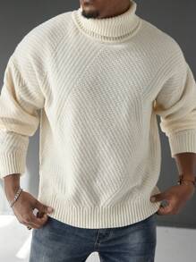 Manfinity Homme Men's Solid Color Plain Turtleneck Long Sleeve Minimalist Sweater, Casual Everyday Wear, For Vacation - White - View 3