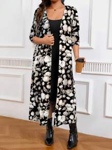 SHEIN LUNE 2pcs Plus Size Women Autumn Floral Print Long Sleeve Front Open Jacket And Dress Casual Suit Set - Multicolor - View 4