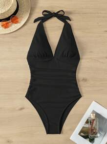 SHEIN Swim 1pc Deep V-Neck Backless Sexy One-Piece Swimsuit Summer - Black - View 5