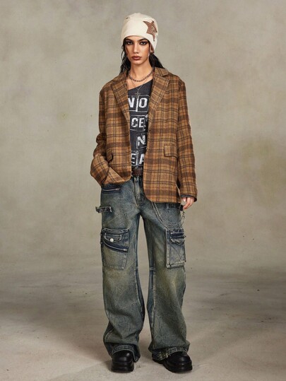 Grunge Punk Blazer décontracté pour femmes de style rétro à motif écossais pour l'automne/l'hiver