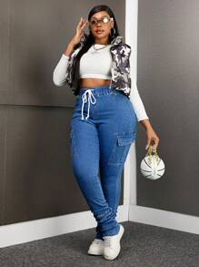 SHEIN SXY Quần denim xếp ly màu xanh co giãn cho nữ cỡ lớn, thời trang và sành điệu - Màu xanh lam - Xem 4