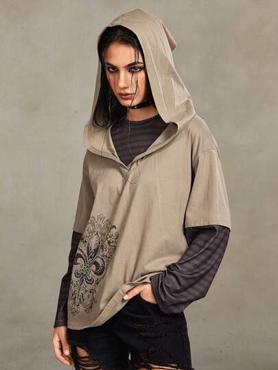 Grunge Punk تي شيرت هودي كاجوال بني فاتح قديم الطراز 100% قطن مناسب للقوام، مريح