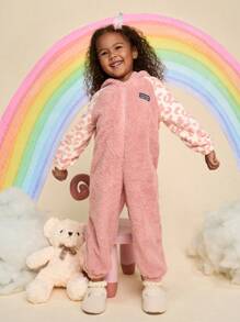 SHEIN 年轻女孩和年轻女孩双面羊毛可爱动物/豹纹连体裤，适合日常休闲穿着女孩蓬松睡衣 - 粉色 - 查看 4