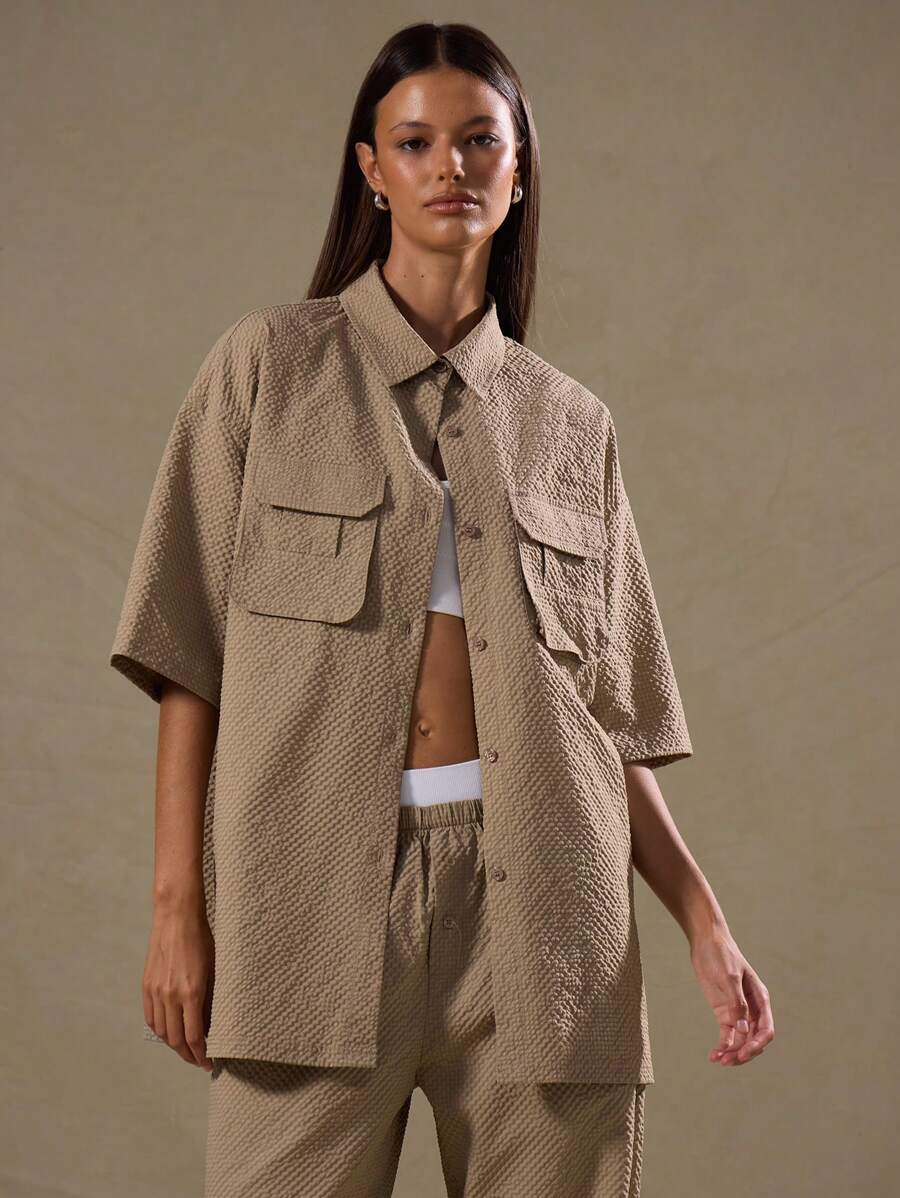 MUSERA Textured Oversized Button Up Short Sleeve Shirt Vacation Spring Summer