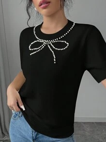 Selianne 女士圆领短袖蝴蝶结简约休闲针织衬衫 - 黑色 - 查看 4