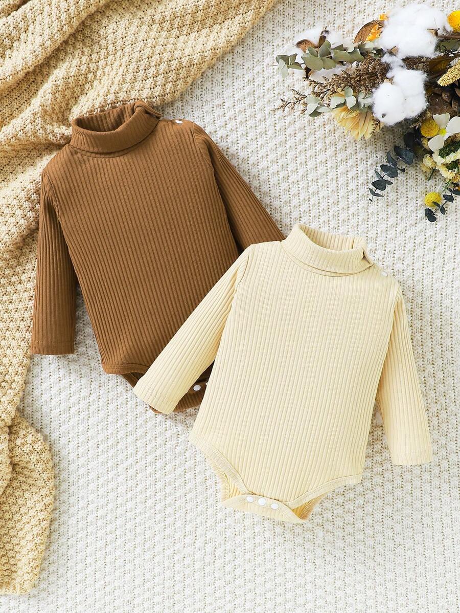 SHEIN Bộ đồ liền thân dài tay cổ lọ màu trơn cho trẻ sơ sinh - Nhiều màu - Xem 1