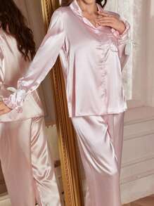 LuxeNights 1 Set de Pijama de Manga Larga con Diseño de Puños y Pantalones en unicolor de Seda Artificial, para Vacaciones