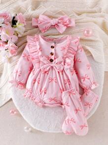 SHEIN Bodys de manga larga con estampado de lazos y cubrepies para bebé niña - Rosa - Ver 1