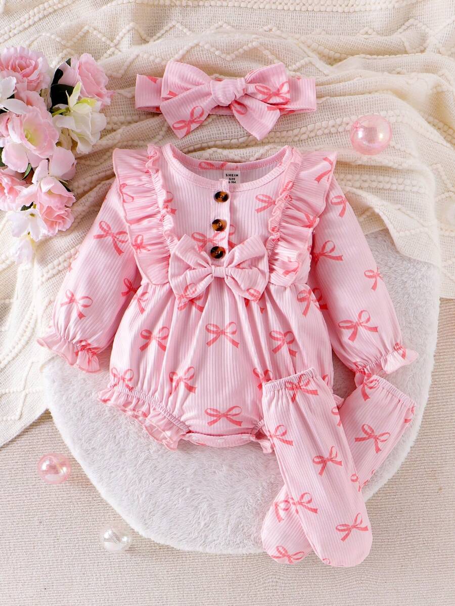 SHEIN Bodys de manga larga con estampado de lazos y cubrepies para bebé niña - Rosa - Ver 1