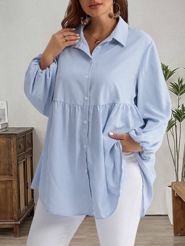 EMERY ROSE Plus Size Winter Women Casual Striped Lantern Sleeve Shirt