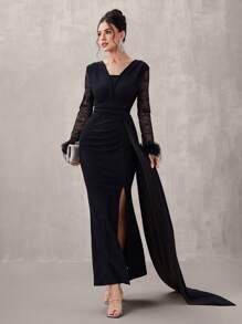 SHEIN Belle 女士优雅 V 领拼接蓬松网眼透视袖高开叉紧身晚礼服，黑色长袖礼服，适合婚礼嘉宾、毕业典礼、晚宴 - 藏蓝色 - 查看 8