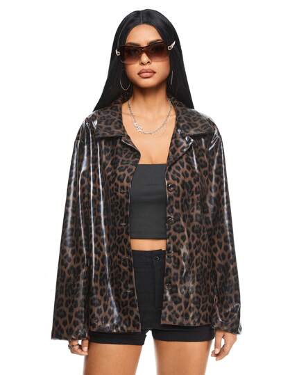 Grunge Punk Women Front Button Long Sleeve Casual Leopard Print PU Jacket