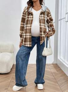SHEIN Hooded Color Block Plaid Patchwork Buttoned Drawstring Maternity Jacket, Women Autumn Outerwear - Khaki - View 4