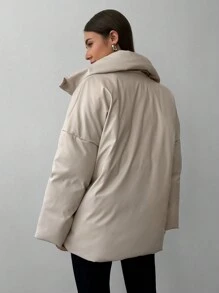 Aloruh Women's Casual Chic High Neck Loose Fit Long Sleeve Padded Coat - Apricot - View 2