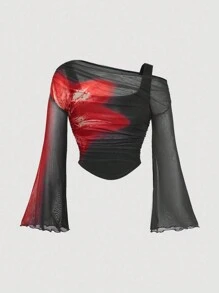 SHEIN MOD 大码黑色露肩网眼二合一喇叭袖长袖女式上衣