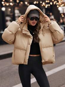 EURMUSE Drawstring Hem Hooded Drop Shoulder Quilted Women's Crop Down Jacket - Cream - View 3