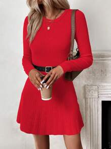 SHEIN Clasi Vestido de suéter de punto de manga larga ajustado de cuello redondo de unicolor, para otoño/invierno y ropa de Año Nuevo