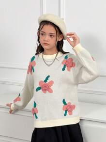 Pull ample à col rond avec décoration au crochet, motif floral, épaules tombantes pour filles pré-adolescentes. Pull-over ample, convient pour l'automne et l'hiver - Nude - Voir 3