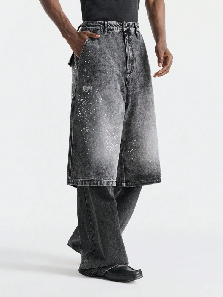 Men's Rhinestone Pocket Loose Casual Versatile Denim Shorts