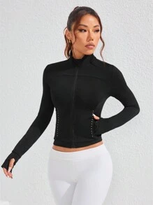 Women Solid Color Front Zipper Long Sleeve Casual Sports Jacket - Black - View 8