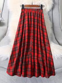 Women's Elastic Waist Plaid Printed Long Loose Casual Skirt
