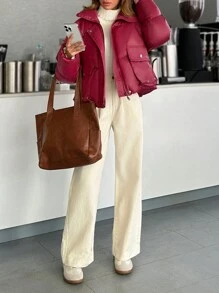 SHEIN Cottnline Casaco de inverno com zíper detalhado e bolso frontal com gola alta e muito quente - Borgonha - Ver 5