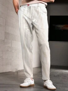 Manfinity Mode Pantalones de vestir casuales/de oficina para hombres con pierna recta, ajuste holgado, bolsillos y rayas