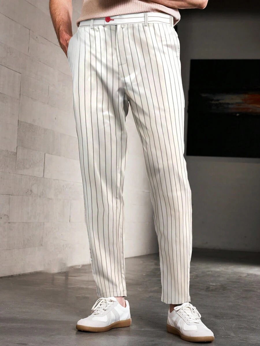 Manfinity Mode Pantalones de vestir casuales/de oficina para hombres con pierna recta, ajuste holgado, bolsillos y rayas