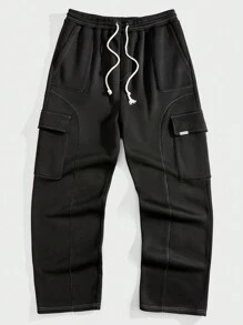 Manfinity RebelGame Men's Casual Loose Knit Drawstring Waist Cargo Jogger Pants - Black - View 2