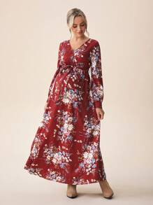 SHEIN Maternity Floral Print Long Sleeve Tie Waist Dress